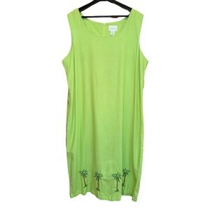 Anna Maxwell Womens 2X Lime Green Linen Blend Palm Tree Embroidered Shift Dress